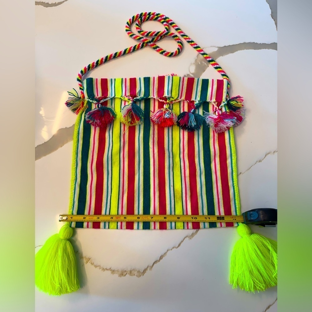 Colorful Striped Knit Bag w/ Poofs - Picture 3 of 4